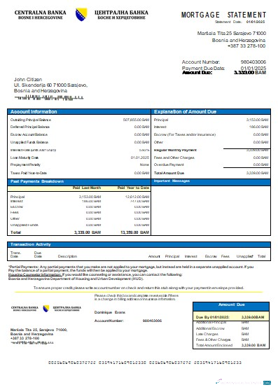 Download Bosnia and Herzegovina Central Bank mortgage statement scr Photoshop template